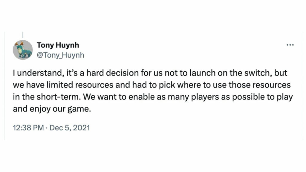 Player First Games co-founder and games director Tony Huynh tweet about MultiVersus on Switch